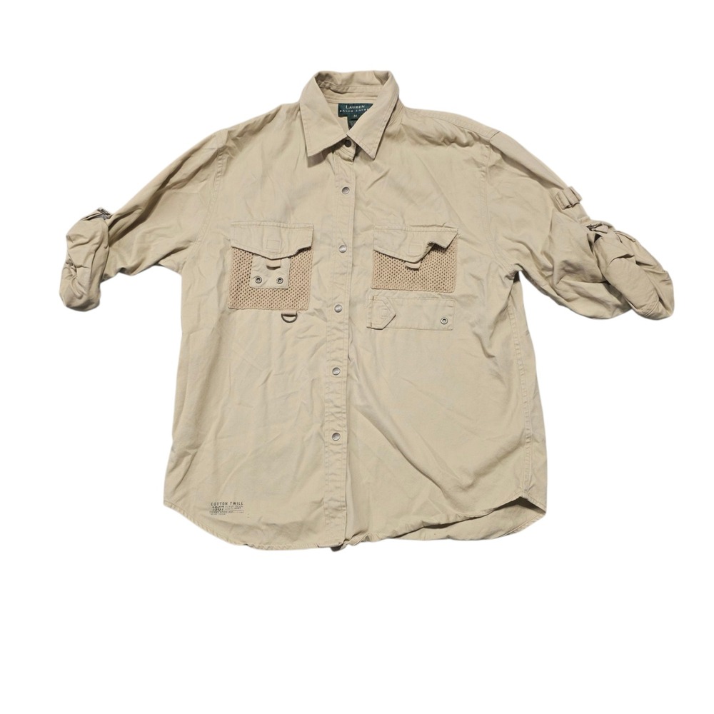Lauren Ralph Lauren Womens Beige Cotton Twill Roll Tab‎ Sleeve Utility Shirt M - Picture 2 of 7